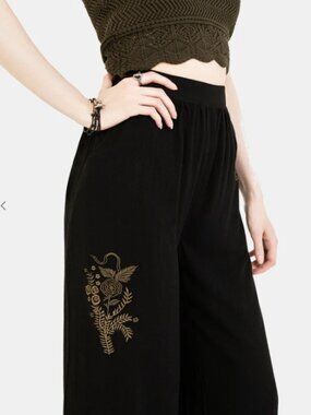 Foliate Linen Blend Embroidered Wide Leg Trousers - Black - 8